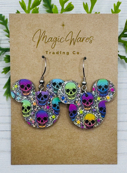 Rainbow Skulls Mouse head Laser cut Dangle Earrings, Silver Glitter Acrylic Halloween earrings, Not so scary Halloween Party earrings