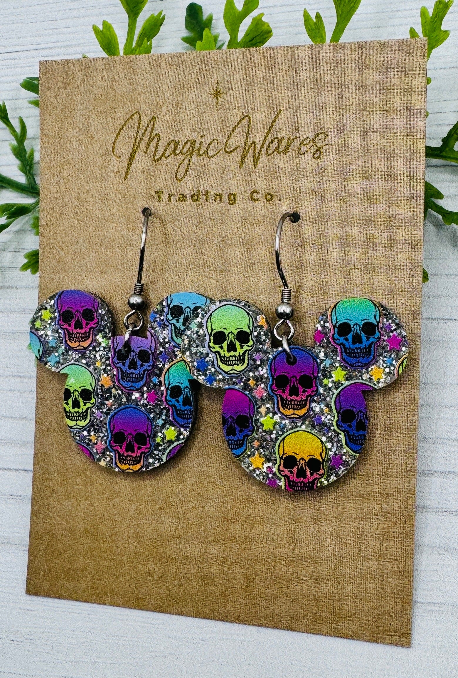 Rainbow Skulls Mouse head Laser cut Dangle Earrings, Silver Glitter Acrylic Halloween earrings, Not so scary Halloween Party earrings