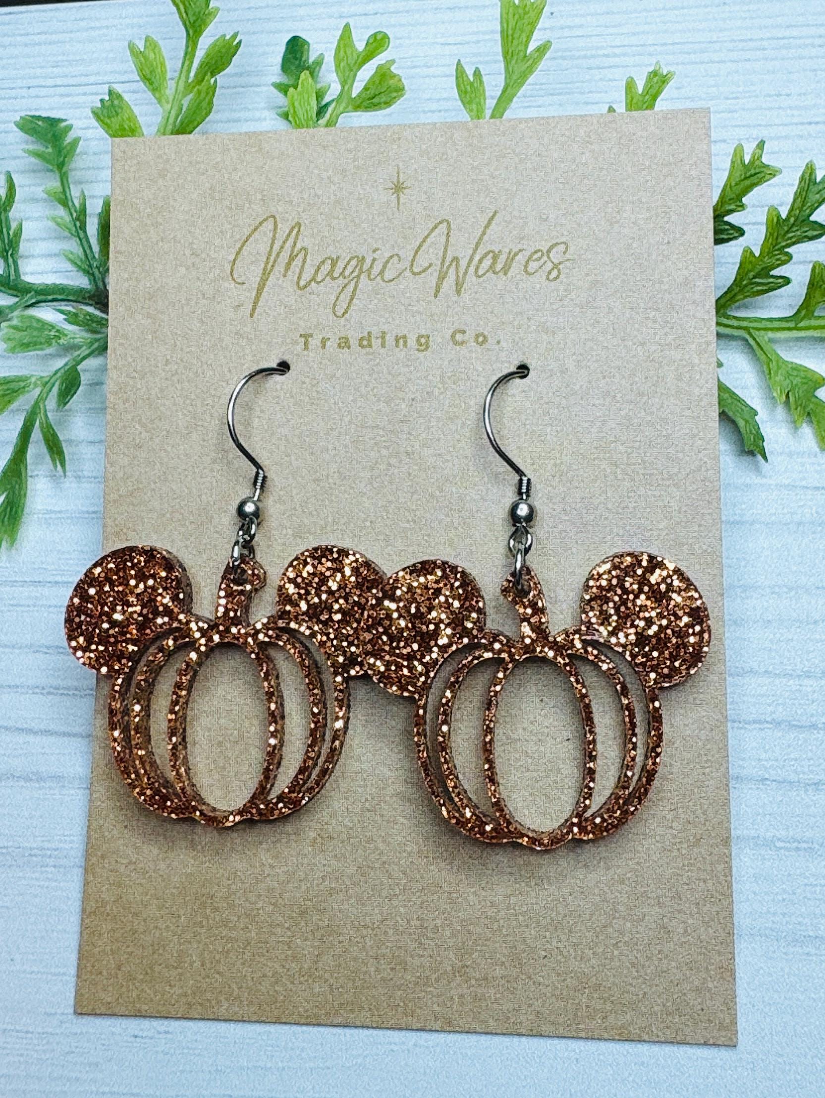 Pumpkin Glitter Mouse Dangle Earrings, Laser cut Pumpkin Spice glitter Acrylic Earrings, Lightweight Acrylic Halloween Pumpkin Earrings