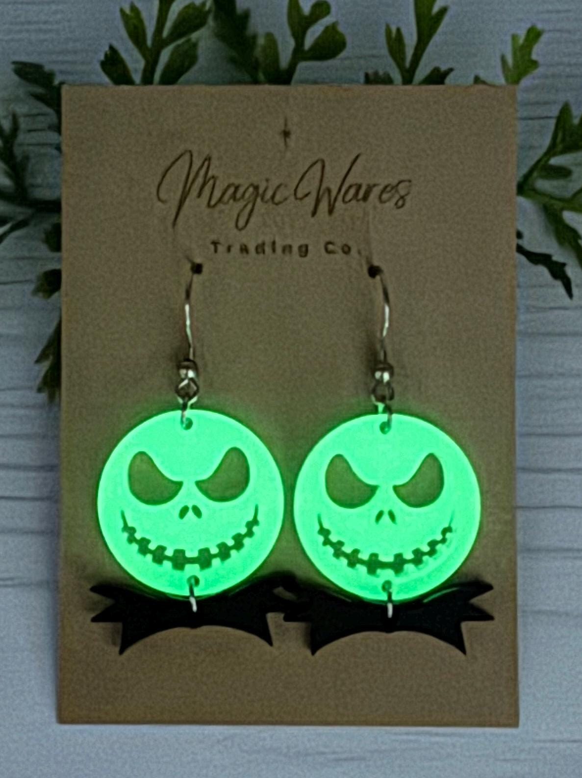 Jack Glow in the Dark Dangle Earrings, Laser cut Glow Acrylic Skellington Earrings with black bowtie, Villians Earrings Halloween earrings