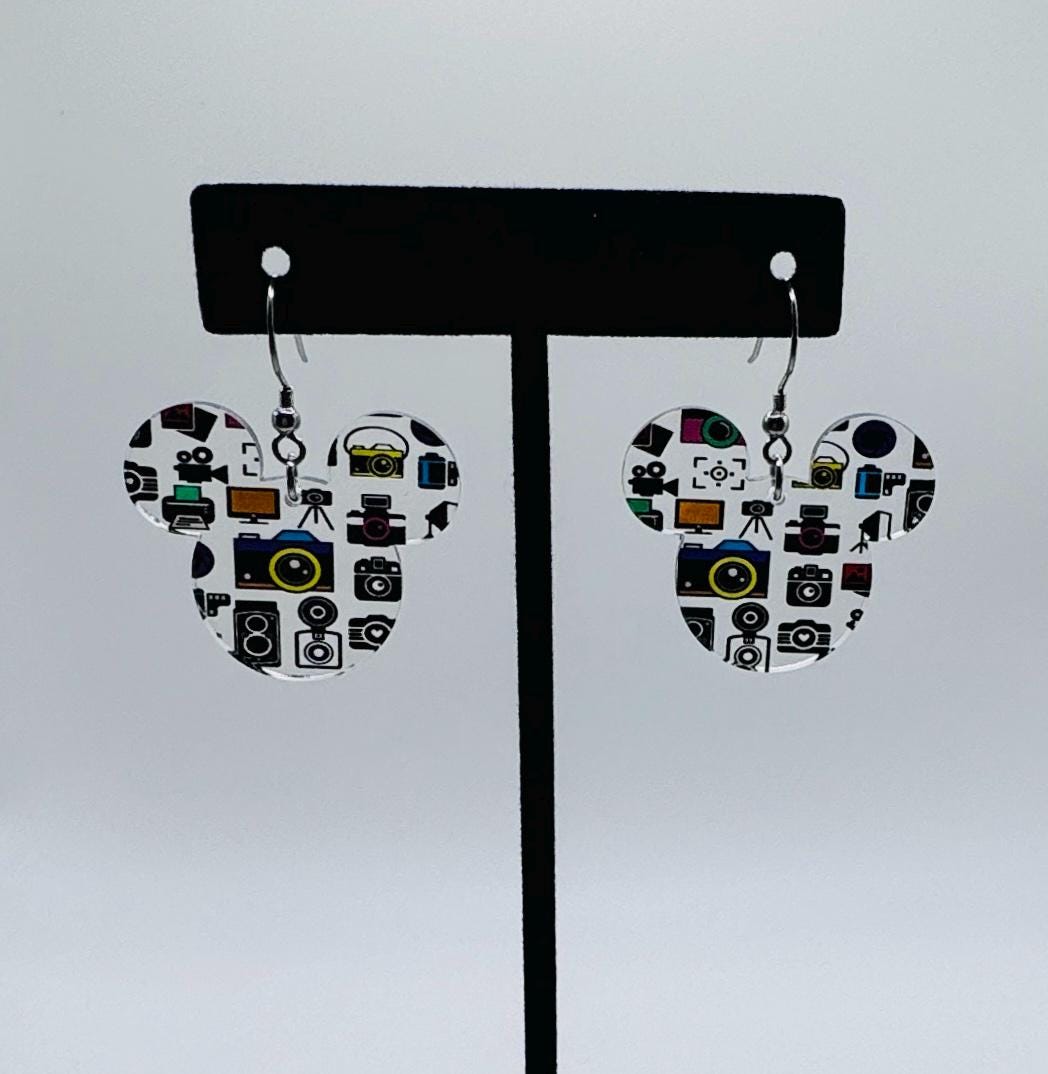 Photographer Inspired Mouse head Laser cut earrings, Camera Patterned Crystal Acrylic Earrings, Camera earrings, gift for photographer
