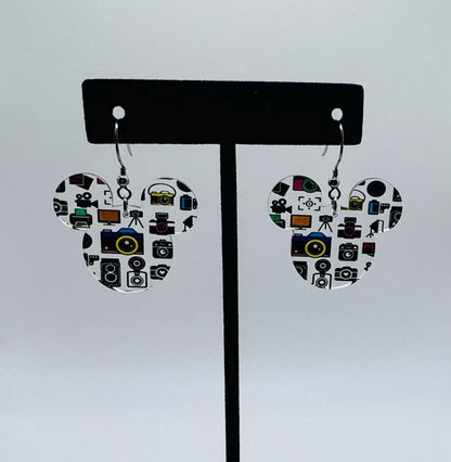 Photographer Inspired Mouse head Laser cut earrings, Camera Patterned Crystal Acrylic Earrings, Camera earrings, gift for photographer