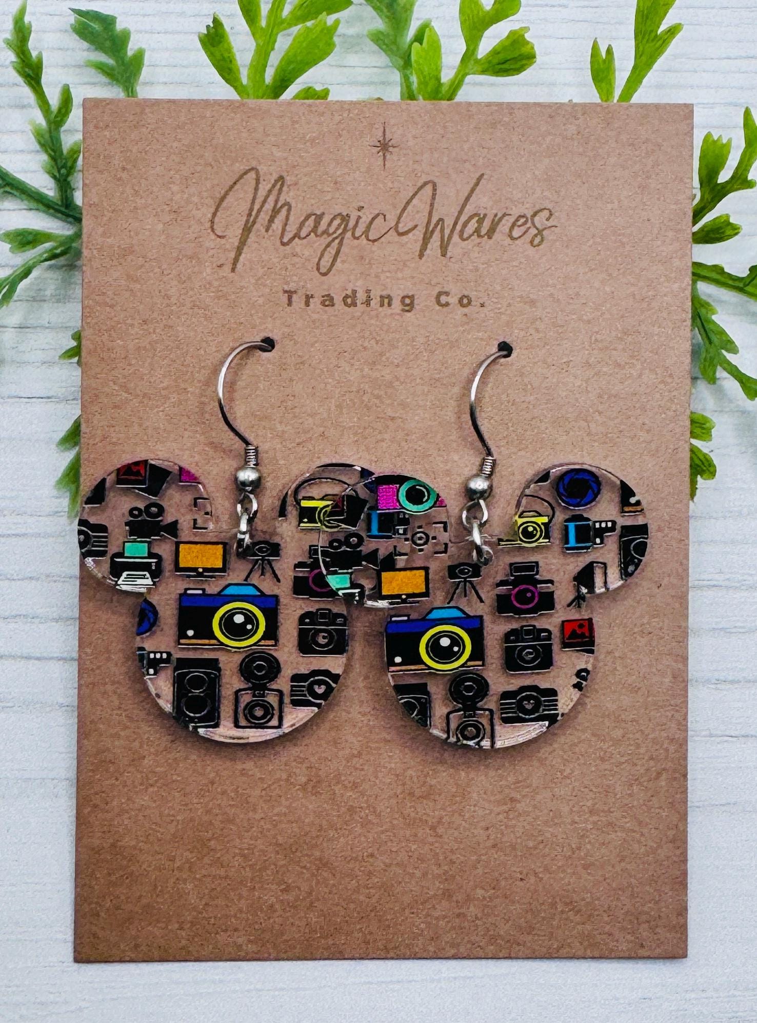 Photographer Inspired Mouse head Laser cut earrings, Camera Patterned Crystal Acrylic Earrings, Camera earrings, gift for photographer