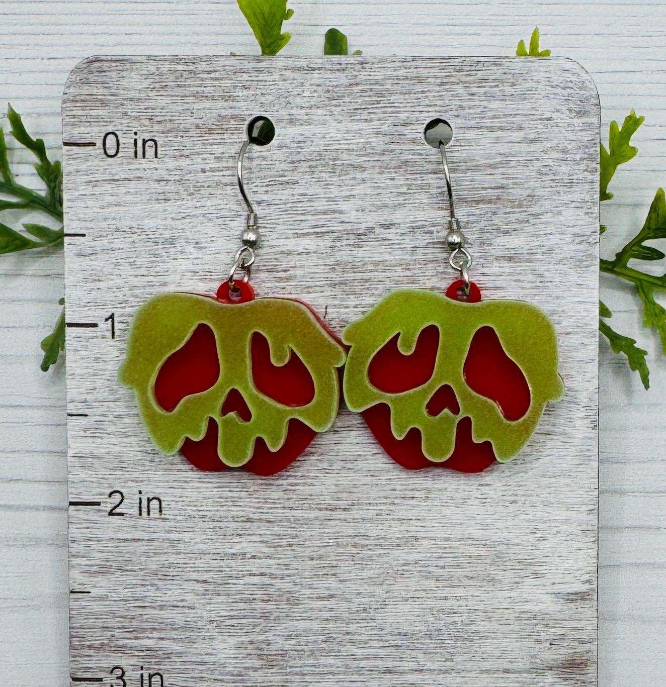 Poison Apple Glow in the Dark Dangle Earring, Snow White inspired Glow Acrylic Earrings, Halloween Earrings Evil Queen earrings