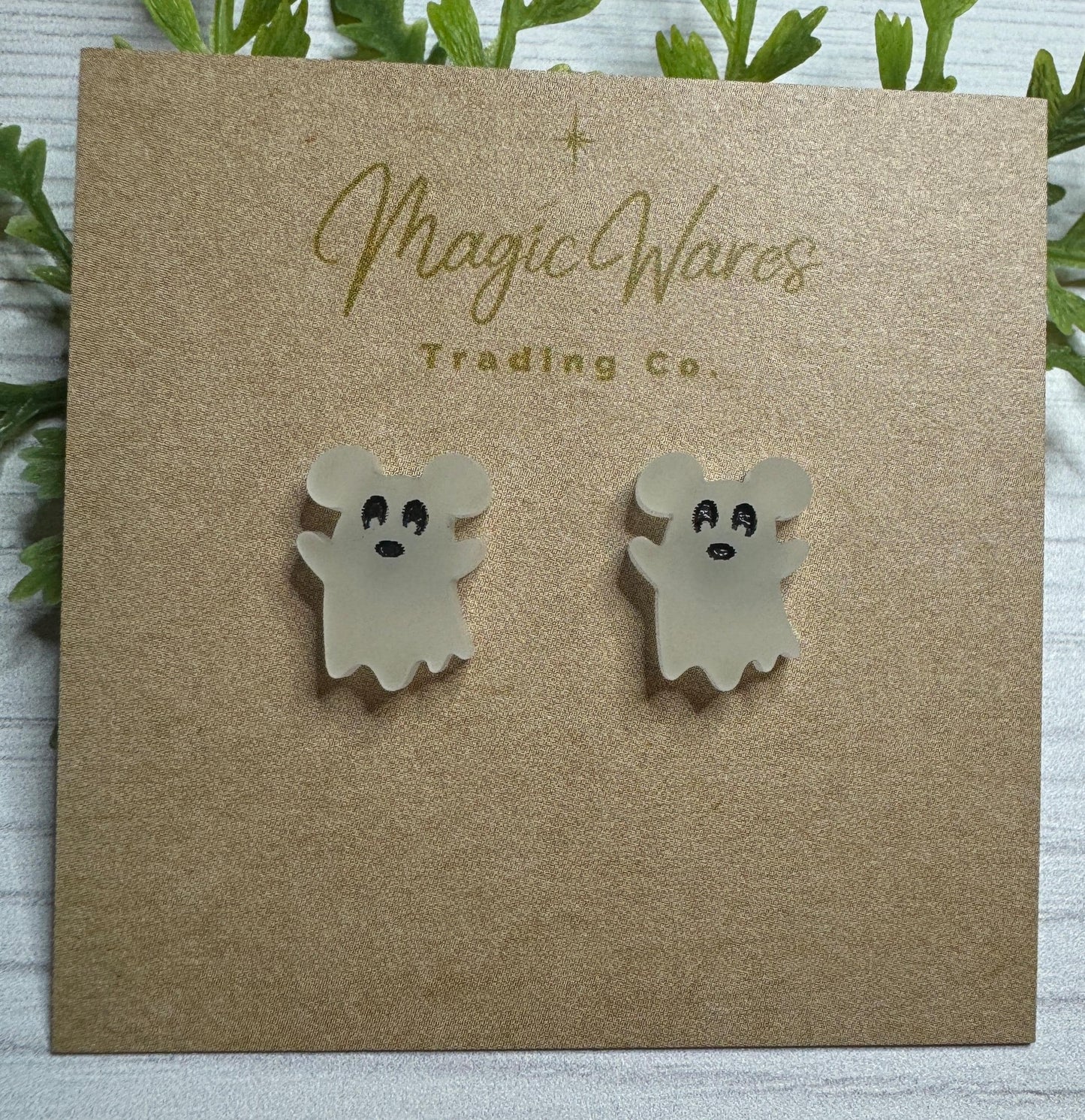 Glow in the Dark Spooky Mouse Ghost Stud, Engraved and Laser cut white glow acrylic, Halloween party earrings