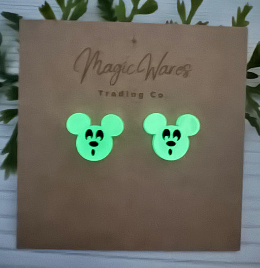 Glow in the Dark Spooky Mouse head Stud, Engraved and Laser cut white glow acrylic, Halloween party earrings