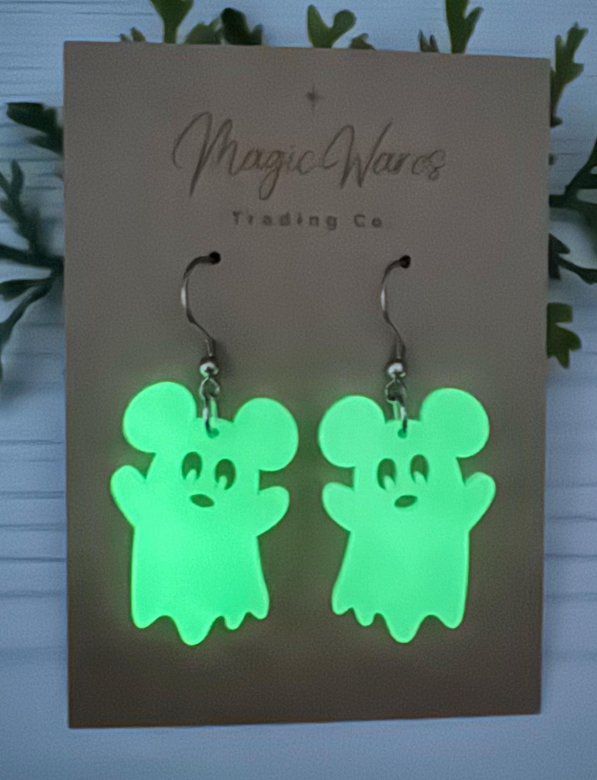 Glow in the Dark Ghost Mouse Dangle Earring, Laser Cut Acrylic Earrings Glow Acrylic Earrings Halloween Earrings Not so scary party earrings