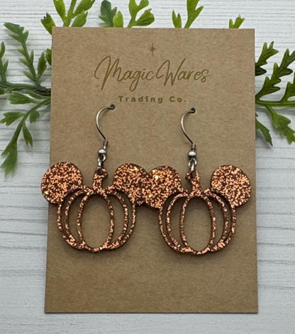 Pumpkin Glitter Mouse Dangle Earrings, Laser cut Pumpkin Spice glitter Acrylic Earrings, Lightweight Acrylic Halloween Pumpkin Earrings