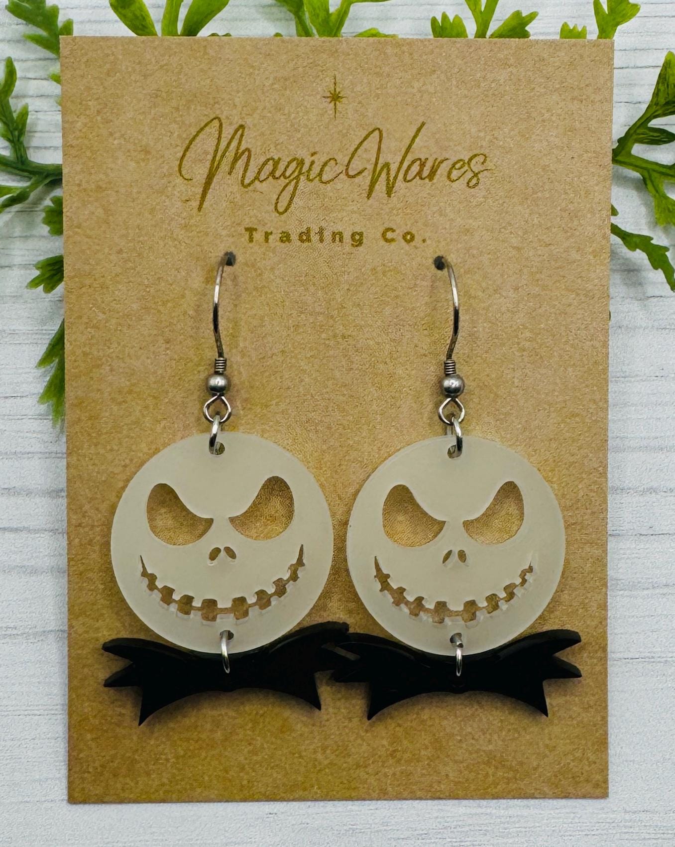 Jack Glow in the Dark Dangle Earrings, Laser cut Glow Acrylic Skellington Earrings with black bowtie, Villians Earrings Halloween earrings
