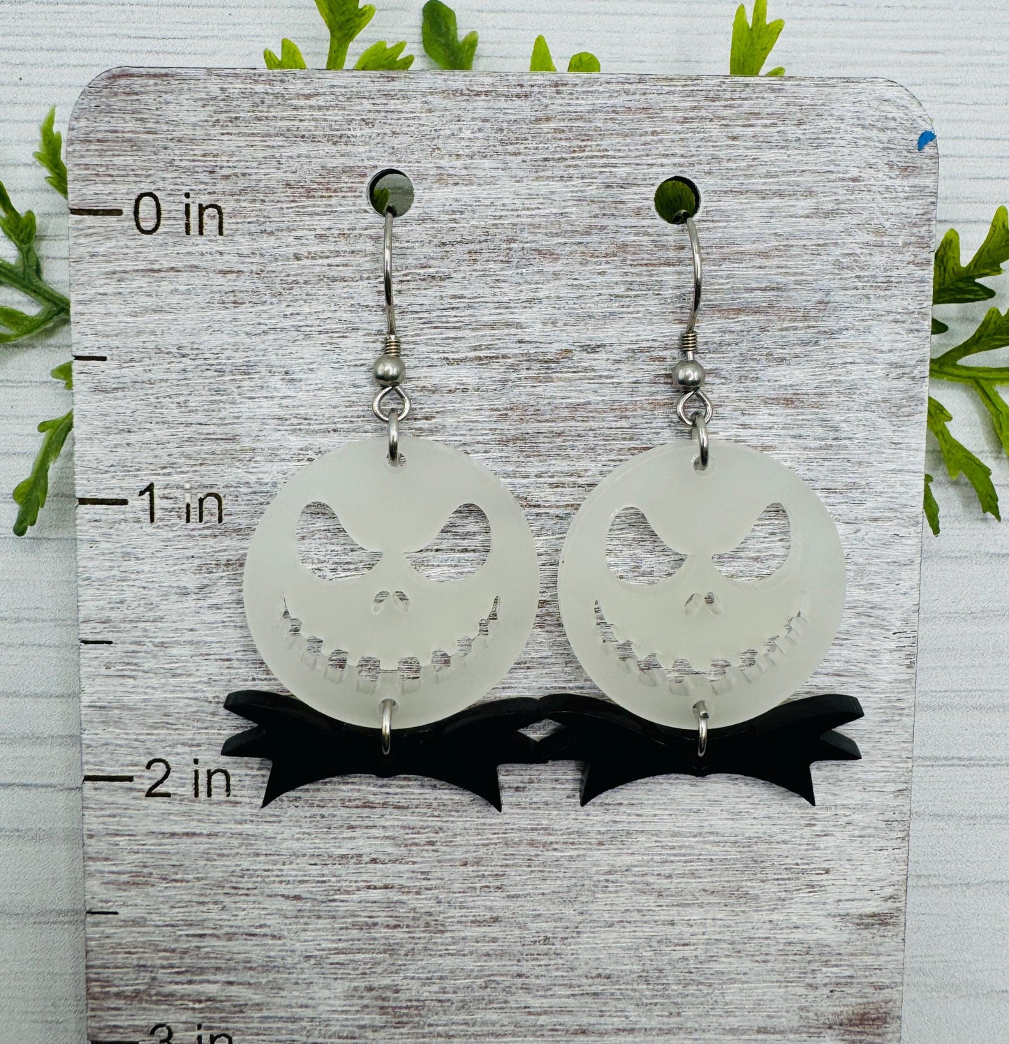 Jack Glow in the Dark Dangle Earrings, Laser cut Glow Acrylic Skellington Earrings with black bowtie, Villians Earrings Halloween earrings