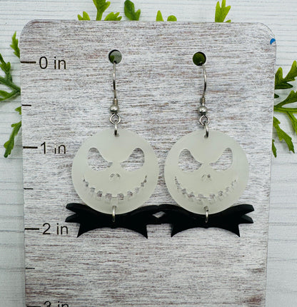 Jack Glow in the Dark Dangle Earrings, Laser cut Glow Acrylic Skellington Earrings with black bowtie, Villians Earrings Halloween earrings