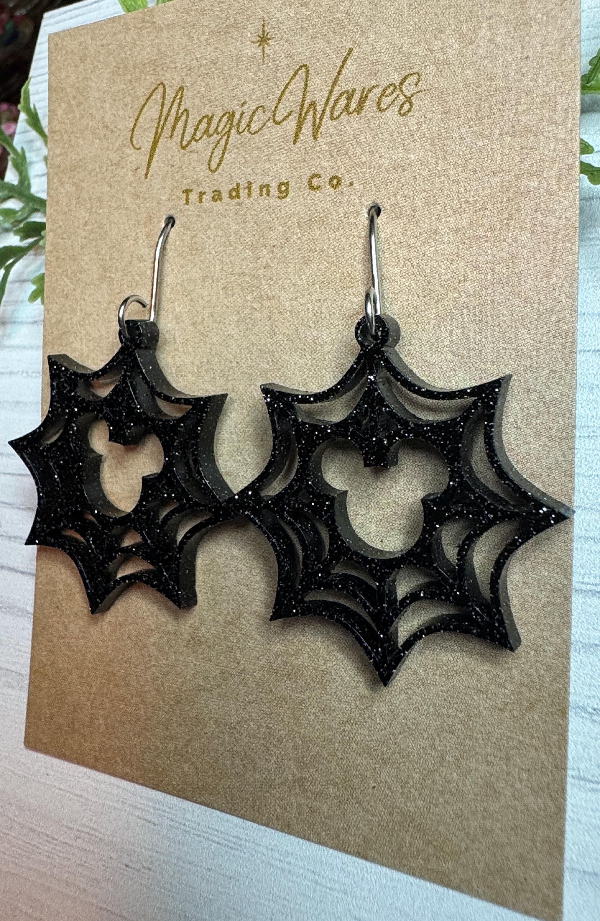 Spiderweb Mouse Laser Cut Acrylic Earrings, Black Glitter Acrylic Spiderweb Halloween Dangle Earrings Halloween Party Earrings