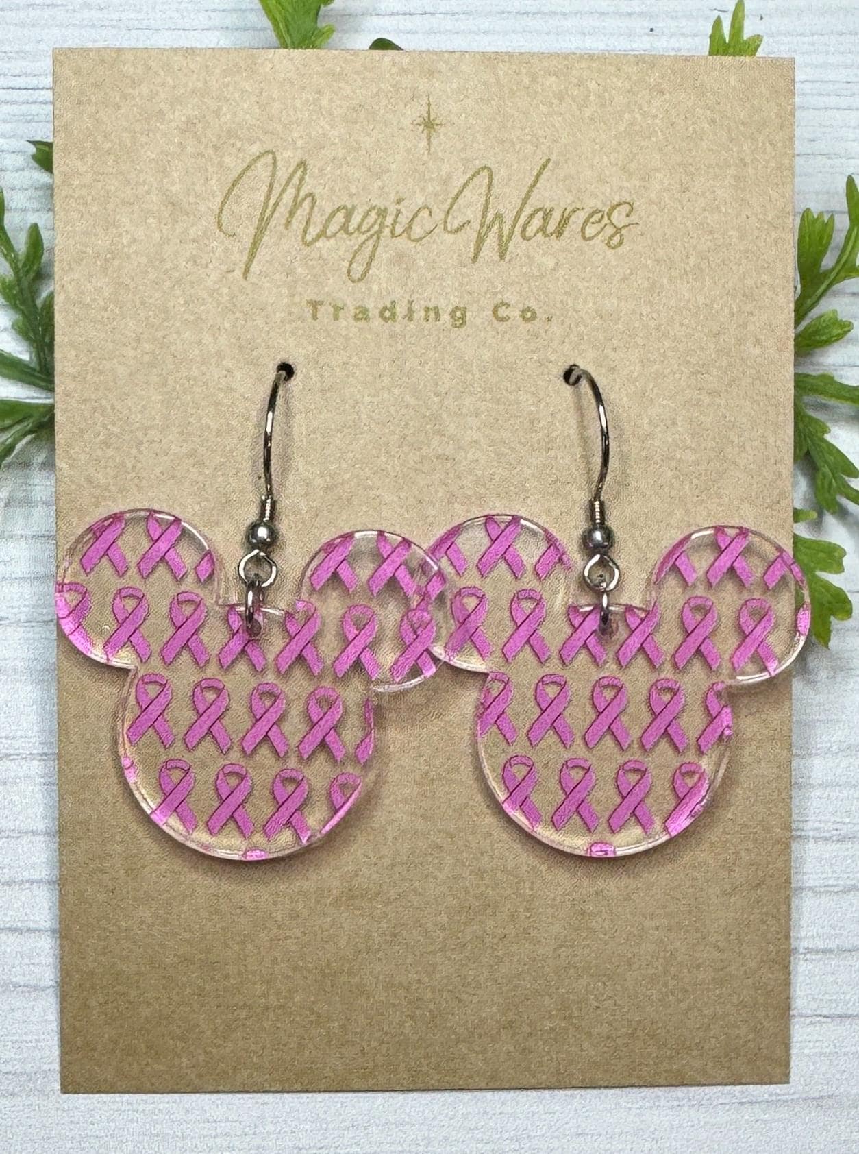Pink Ribbon Mouse Head Dangle Earring, Laser Cut Pink Ribbon Pattern Crystal Acrylic, Breast Cancer Awareness earrings