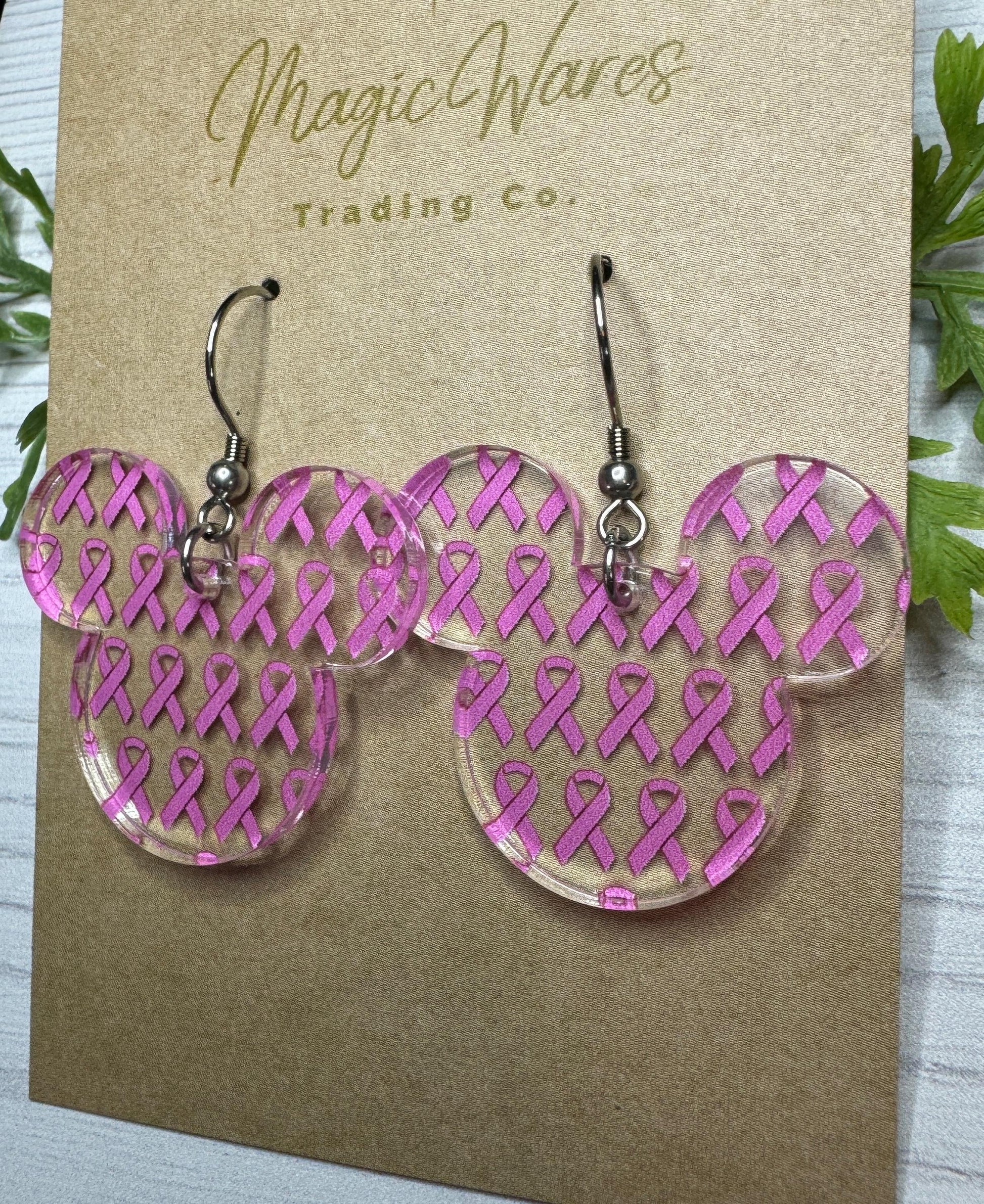Pink Ribbon Mouse Head Dangle Earring, Laser Cut Pink Ribbon Pattern Crystal Acrylic, Breast Cancer Awareness earrings