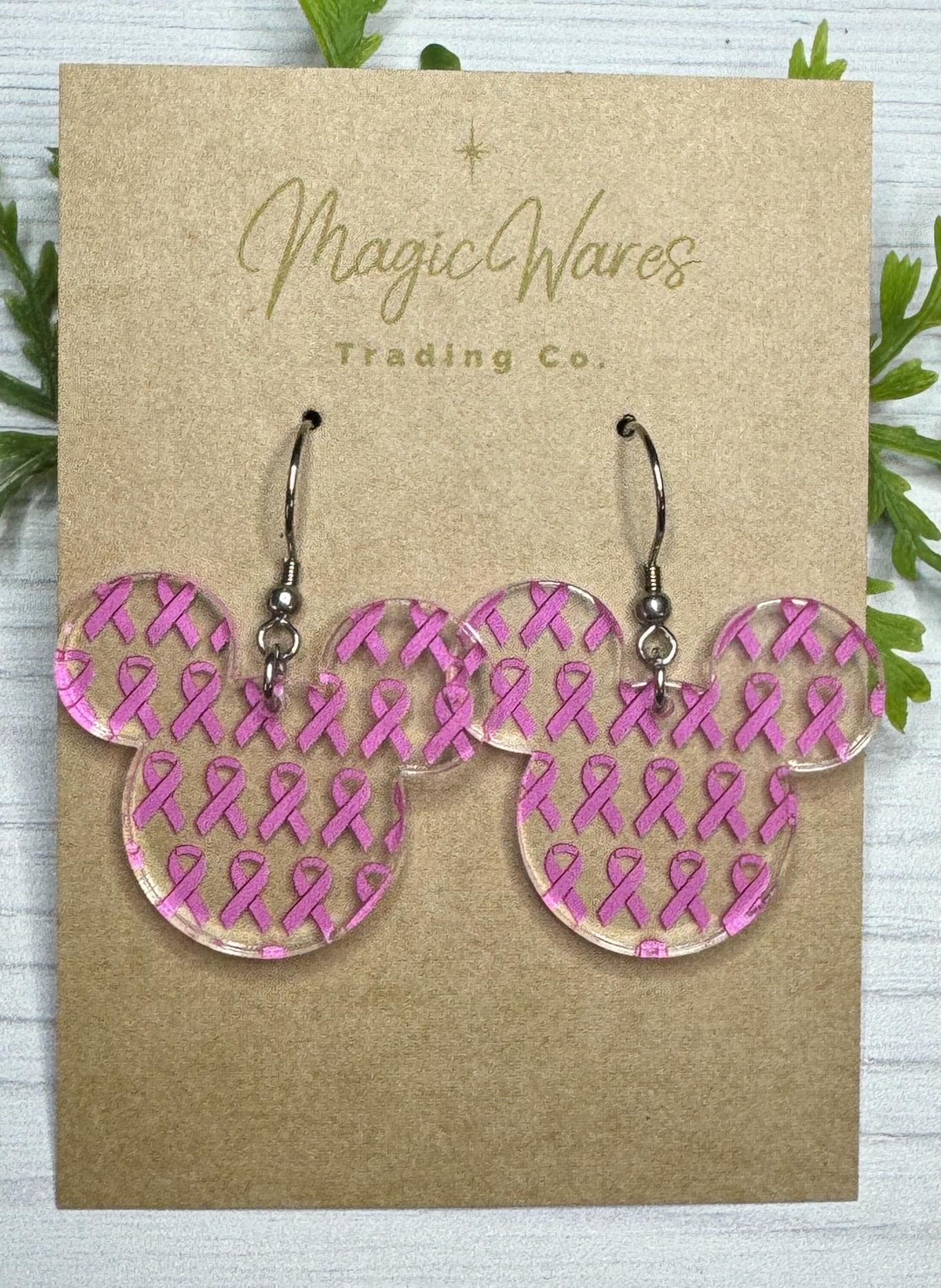 Pink Ribbon Mouse Head Dangle Earring, Laser Cut Pink Ribbon Pattern Crystal Acrylic, Breast Cancer Awareness earrings