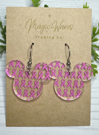 Pink Ribbon Mouse Head Dangle Earring, Laser Cut Pink Ribbon Pattern Crystal Acrylic, Breast Cancer Awareness earrings