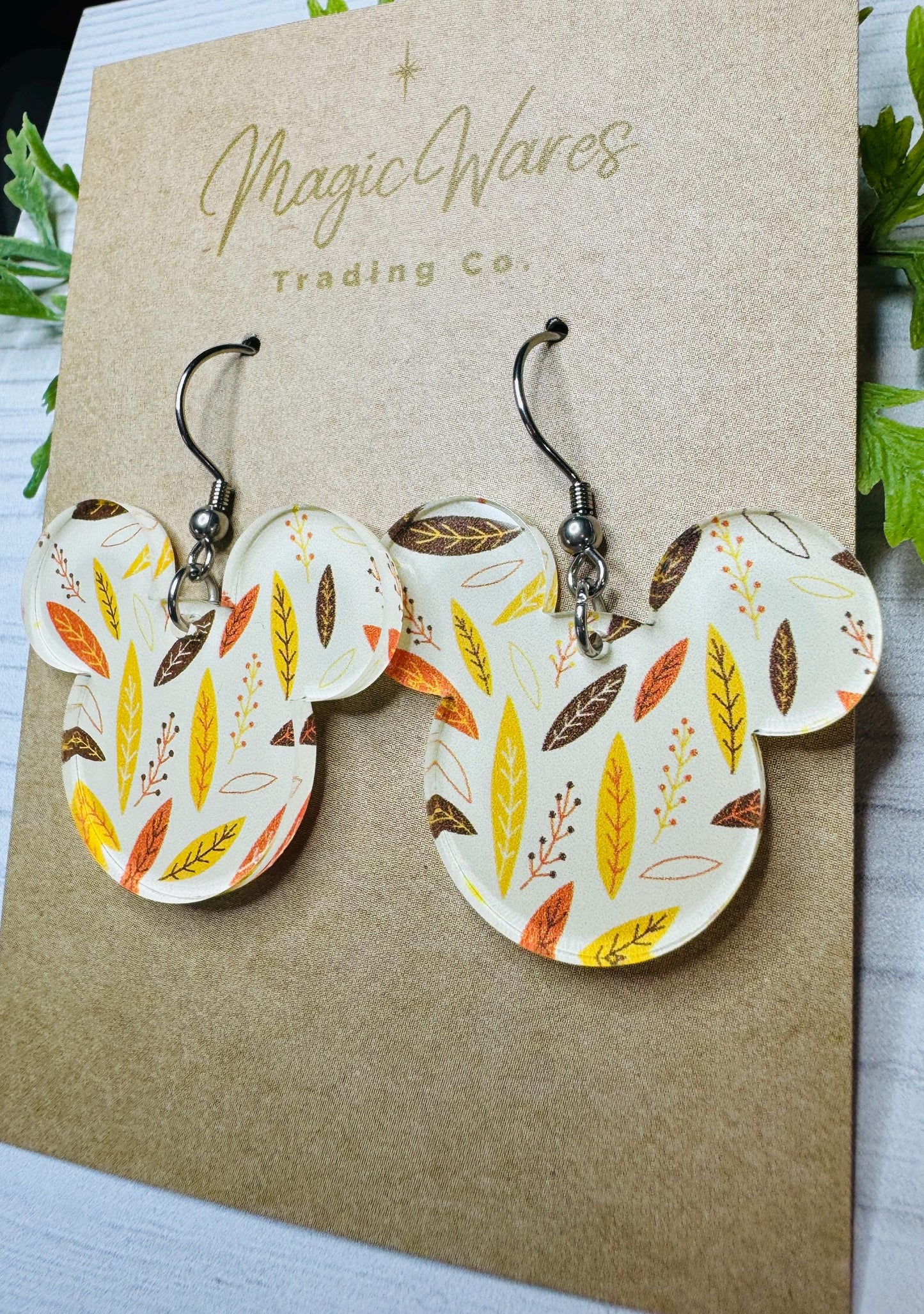 Fall Leaves Mouse head Earrings, Laser Cut Fall patterned Crystal Acrylic Earrings, Dangle Earrings Fall Earrings