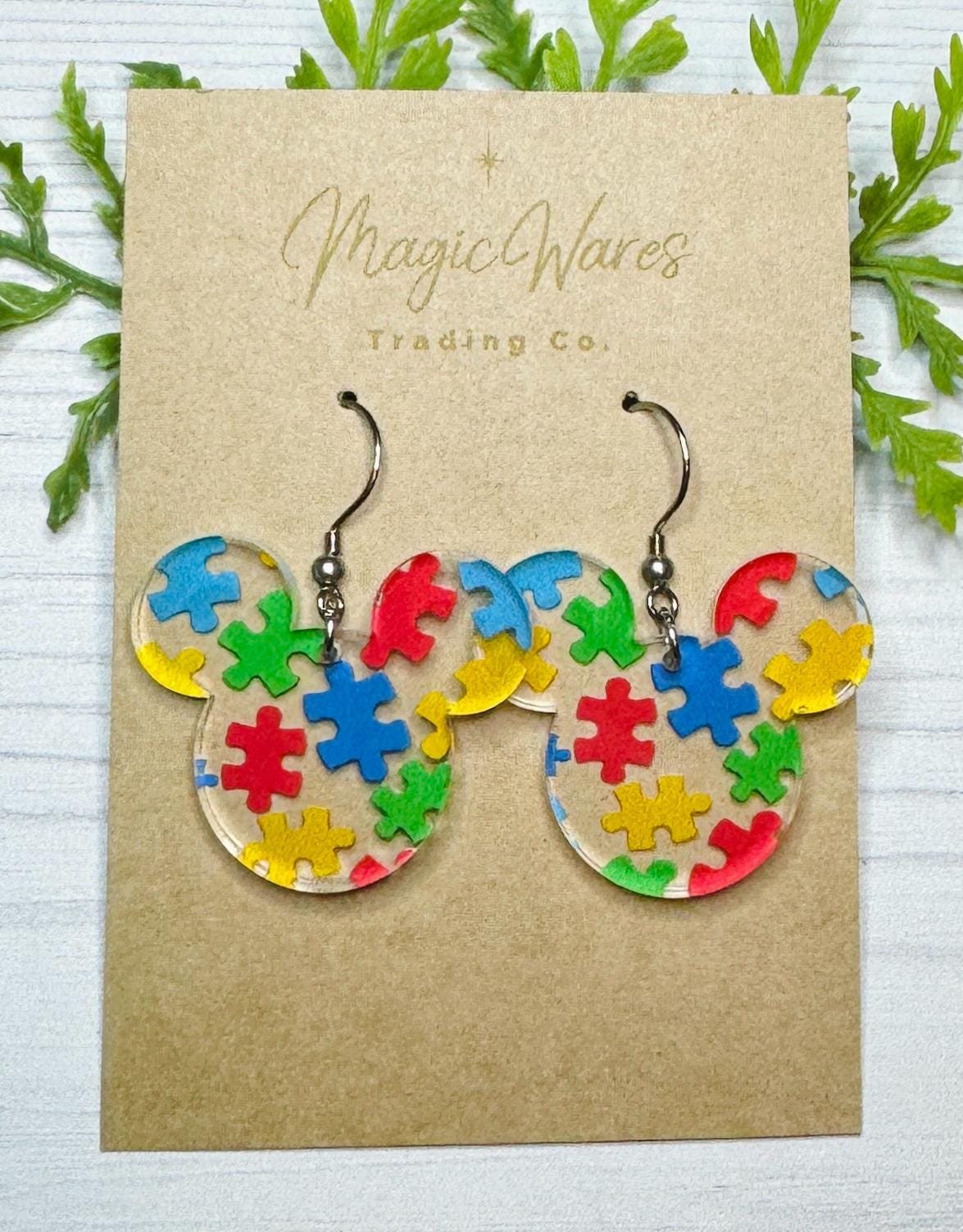 Puzzle Pieces Mouse head shaped dangle earrings, Laser cut Acrylic Earrings Autism Puzzle pattern crystal acrylic