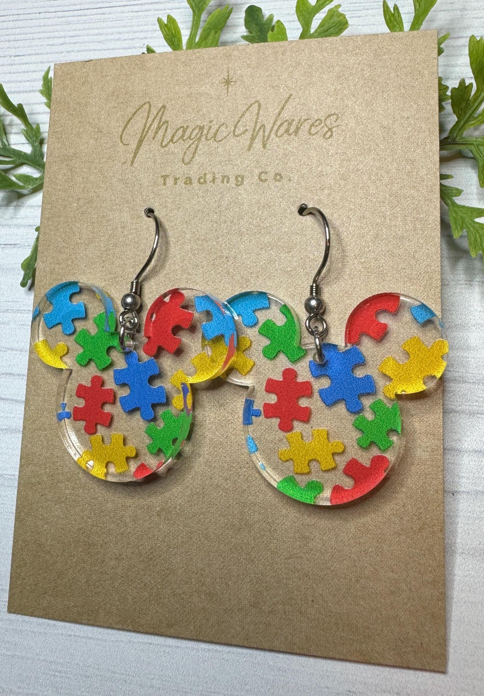 Puzzle Pieces Mouse head shaped dangle earrings, Laser cut Acrylic Earrings Autism Puzzle pattern crystal acrylic