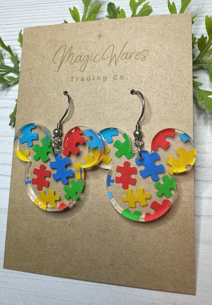 Puzzle Pieces Mouse head shaped dangle earrings, Laser cut Acrylic Earrings Autism Puzzle pattern crystal acrylic