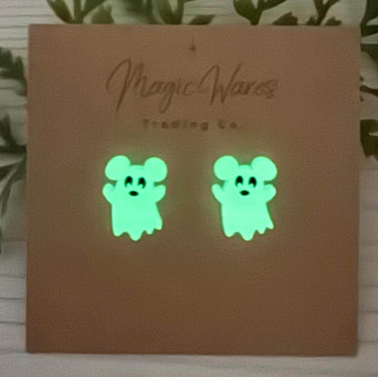 Glow in the Dark Spooky Mouse Ghost Stud, Engraved and Laser cut white glow acrylic, Halloween party earrings