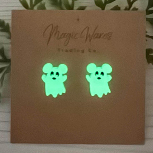 Glow in the Dark Spooky Mouse Ghost Stud, Engraved and Laser cut white glow acrylic, Halloween party earrings