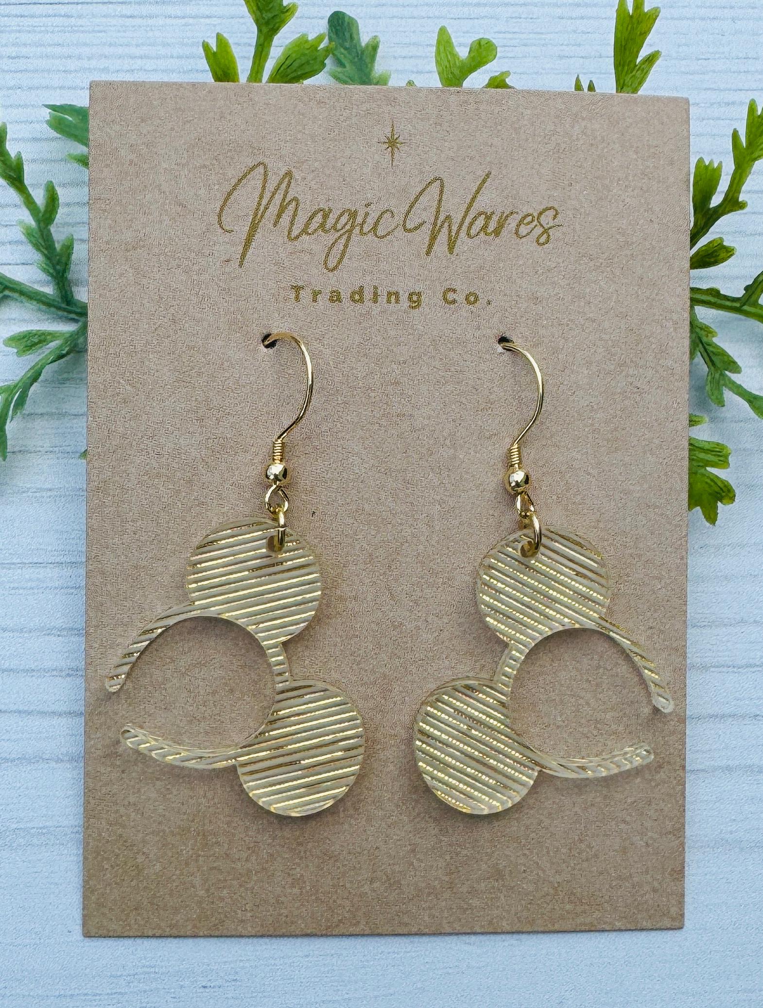 Golden Shimmer Mouse Ears Headband Dangle Earrings, Gold Laser cut Acrylic Earrings, Holiday Earrings New Years Eve Earrings