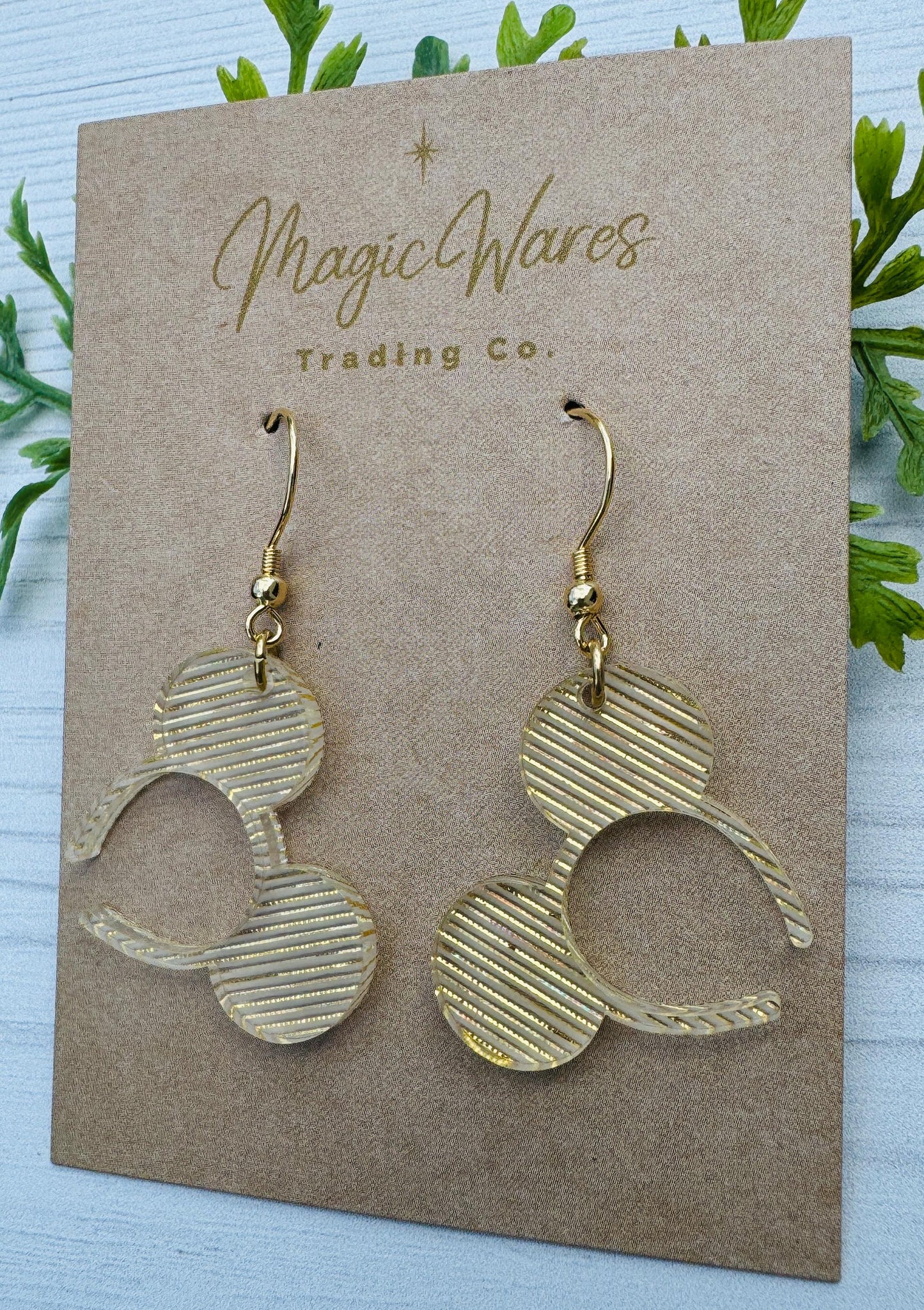 Golden Shimmer Mouse Ears Headband Dangle Earrings, Gold Laser cut Acrylic Earrings, Holiday Earrings New Years Eve Earrings