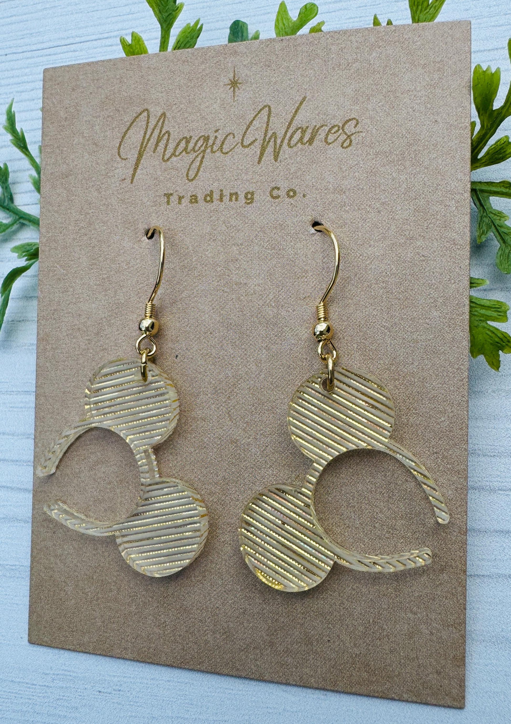 Golden Shimmer Mouse Ears Headband Dangle Earrings, Gold Laser cut Acrylic Earrings, Holiday Earrings New Years Eve Earrings