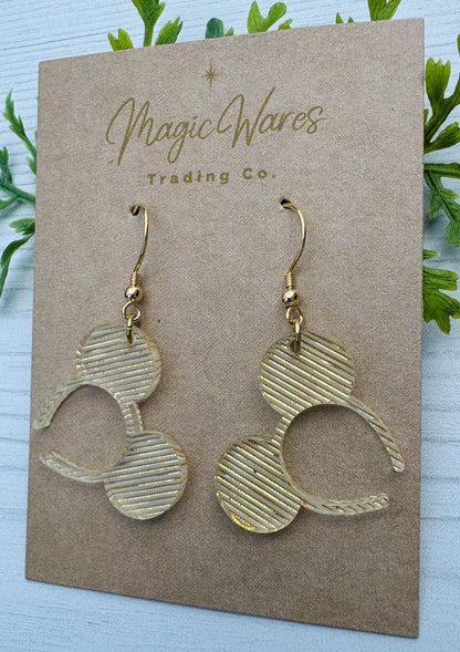 Golden Shimmer Mouse Ears Headband Dangle Earrings, Gold Laser cut Acrylic Earrings, Holiday Earrings New Years Eve Earrings