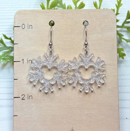 Glitter Snowflake Mouse Dangle Earrings, Silver Shimmer Glitter Acrylic Earrings, Christmas Earrings, Very Merry Christmas Party earrings