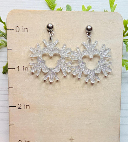Glitter Snowflake Mouse Dangle Earrings, Silver Shimmer Glitter Acrylic Earrings, Christmas Earrings, Very Merry Christmas Party earrings