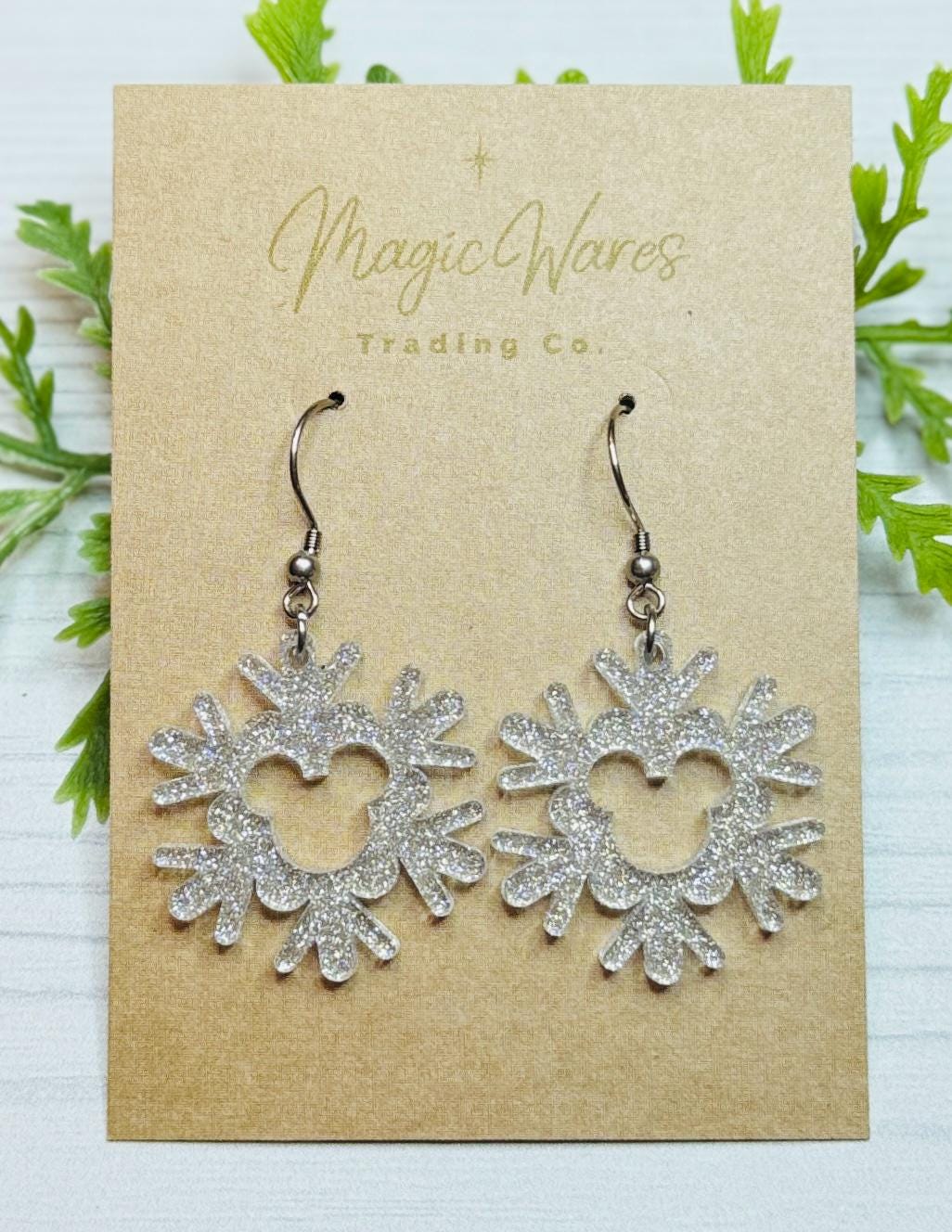 Glitter Snowflake Mouse Dangle Earrings, Silver Shimmer Glitter Acrylic Earrings, Christmas Earrings, Very Merry Christmas Party earrings
