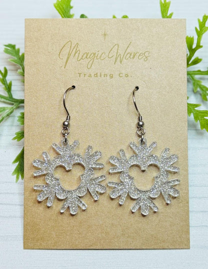 Glitter Snowflake Mouse Dangle Earrings, Silver Shimmer Glitter Acrylic Earrings, Christmas Earrings, Very Merry Christmas Party earrings