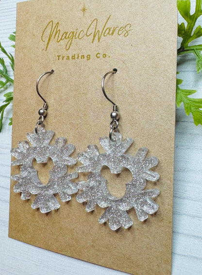 Glitter Snowflake Mouse Dangle Earrings, Silver Shimmer Glitter Acrylic Earrings, Christmas Earrings, Very Merry Christmas Party earrings