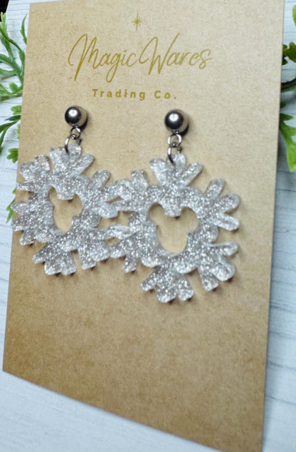 Glitter Snowflake Mouse Dangle Earrings, Silver Shimmer Glitter Acrylic Earrings, Christmas Earrings, Very Merry Christmas Party earrings