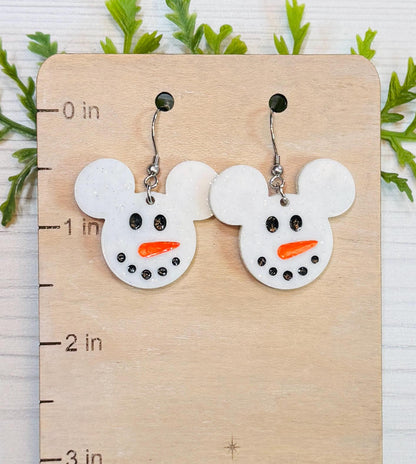 Snowman Mouse Dangle Earrings, White Glitter Acrylic Earrings, Christmas Earrings Very Merry Christmas Party, Snowman Earrings