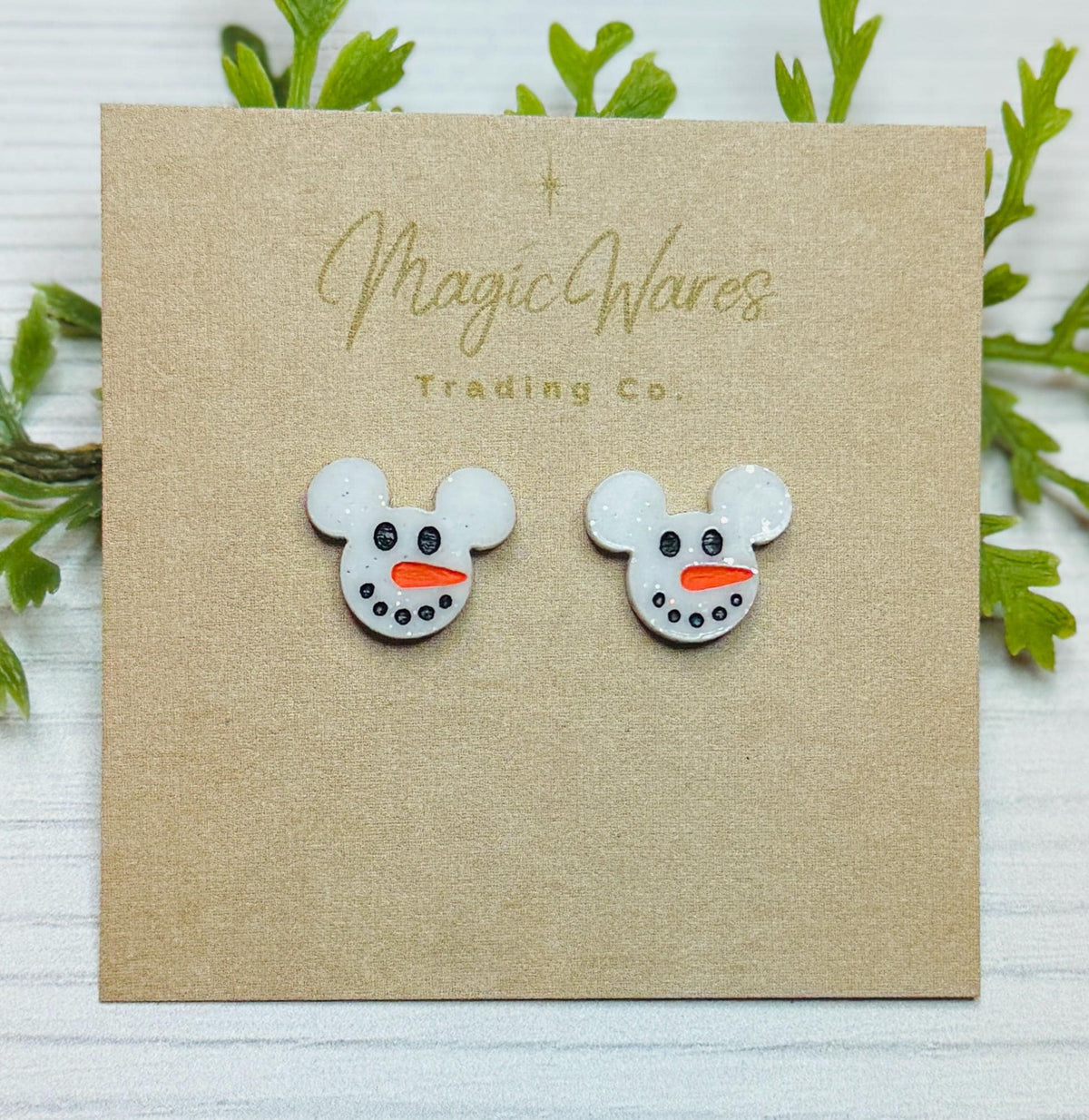 Snowman Mouse Stud, Laser engraved white with glitter acrylic, Holiday Earrings, Very Merry Christmas Party Earrings, Winter earrings