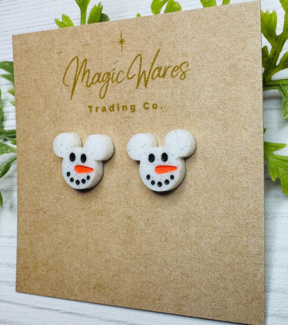 Snowman Mouse Stud, Laser engraved white with glitter acrylic, Holiday Earrings, Very Merry Christmas Party Earrings, Winter earrings