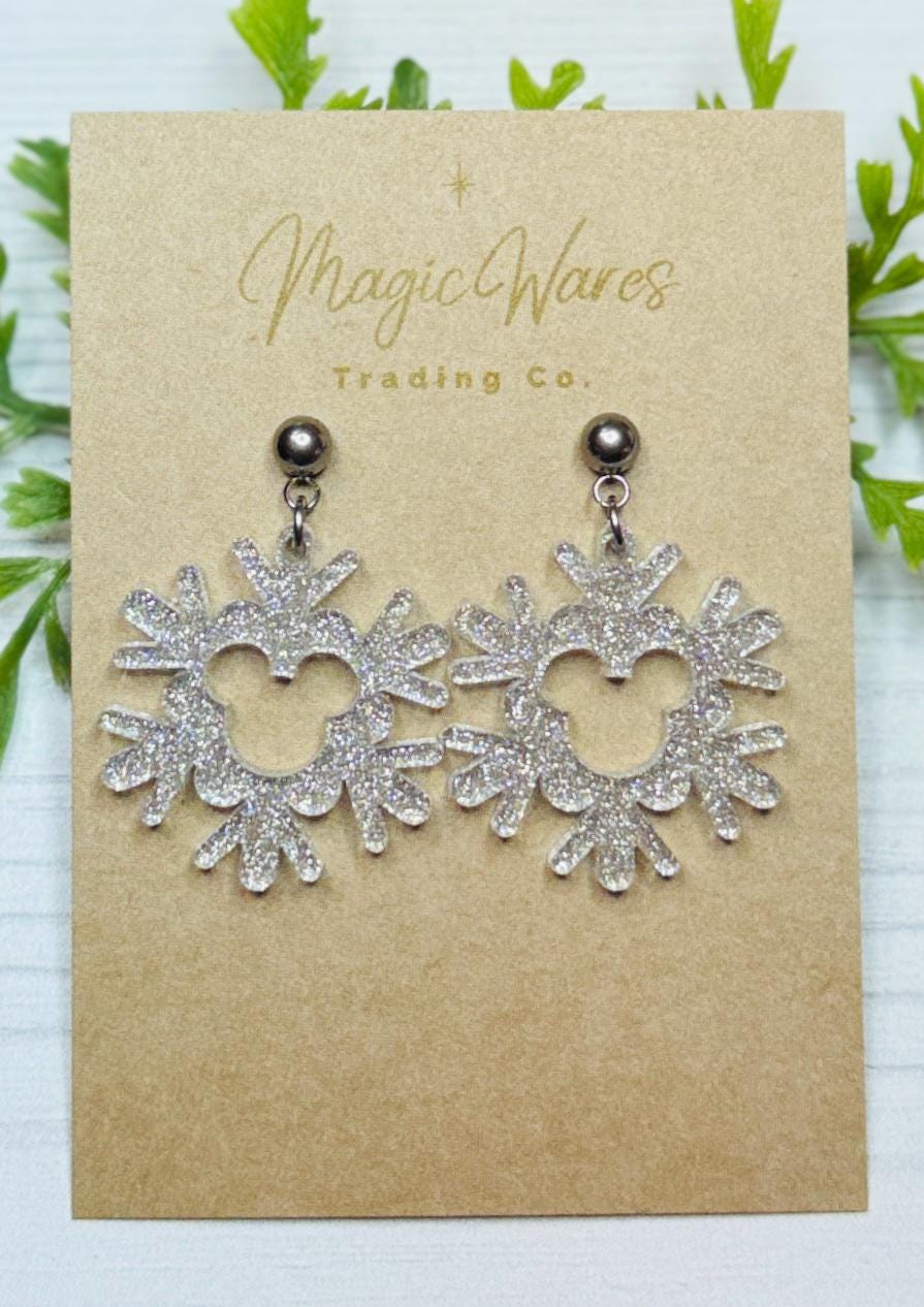 Glitter Snowflake Mouse Dangle Earrings, Silver Shimmer Glitter Acrylic Earrings, Christmas Earrings, Very Merry Christmas Party earrings