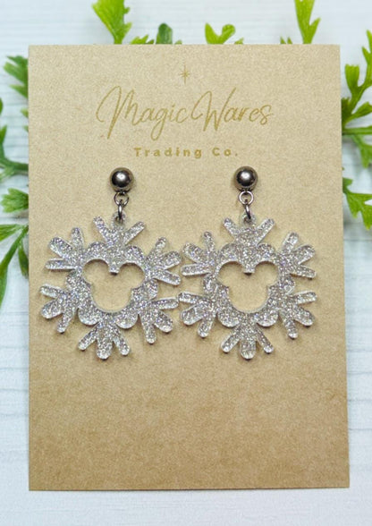 Glitter Snowflake Mouse Dangle Earrings, Silver Shimmer Glitter Acrylic Earrings, Christmas Earrings, Very Merry Christmas Party earrings