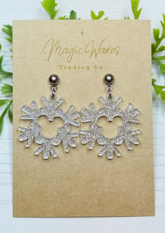 Glitter Snowflake Mouse Dangle Earrings, Silver Shimmer Glitter Acrylic Earrings, Christmas Earrings, Very Merry Christmas Party earrings