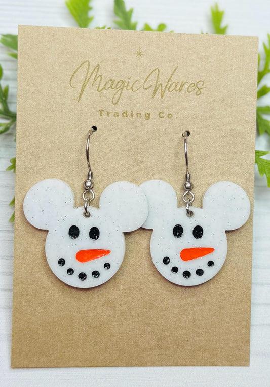 Snowman Mouse Dangle Earrings, White Glitter Acrylic Earrings, Christmas Earrings Very Merry Christmas Party, Snowman Earrings