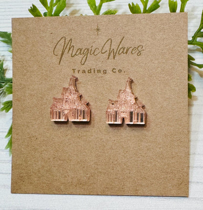 Castle Mirror Stud Earrings, Laser Cut Post Earrings Pierced Earlobe earrings, Castle earrings