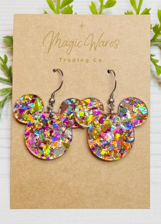 Flake Confetti Glitter Mouse head Dangle Earrings, Laser cut Multi color Flake Glitter Acrylic Earrings, Sparkly glitter earrings