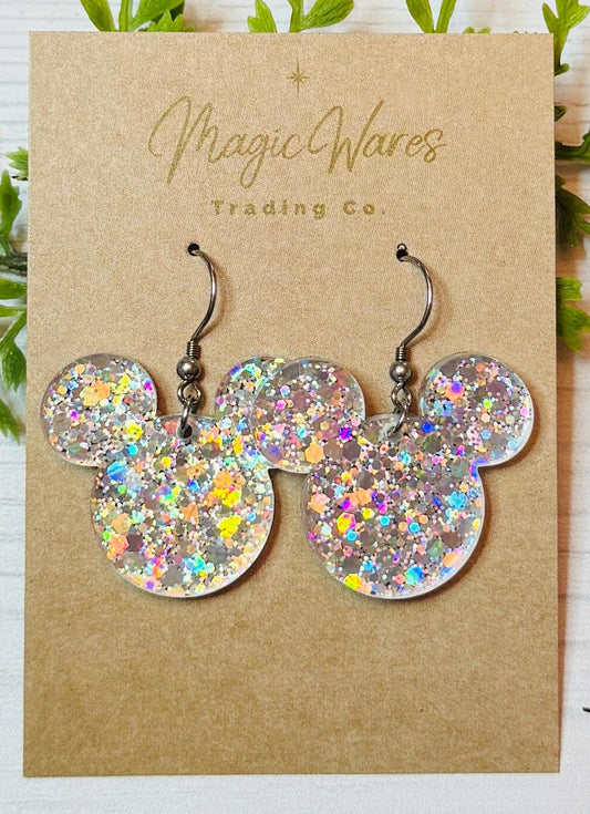 Silver Holographic Chunky Glitter Mouse head Dangle Earrings, Laser cut Silver Holographic Glitter Acrylic, Sparkly glitter earrings