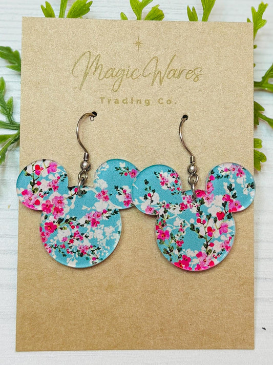 Cherry Blossom Mouse Head Earrings, Cherry Blossom Acrylic Dangle Earrings, Spring Floral Earrings, Cherry Blossom Earrings, Gifts for Mom