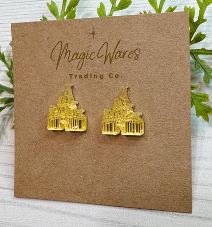 Castle Mirror Stud Earrings, Laser Cut Post Earrings Pierced Earlobe earrings, Castle earrings