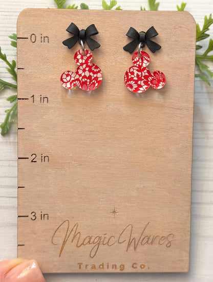 Black Bow and Red Lace Mouse Head Laser cut Dangle Earrings, Red Lace Patterned Crystal Acrylic, Valentines Day Earrings