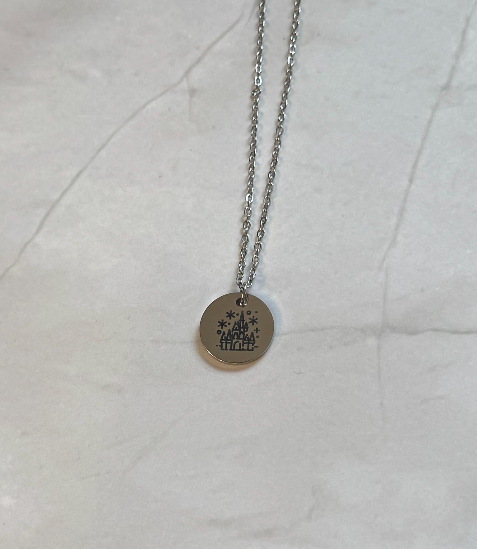 Magical Castle Engraved Stainless Steel Necklace, Silver or Gold Laser Engraved Necklace, Magic Kingdom Inspired, Personalized Jewelry